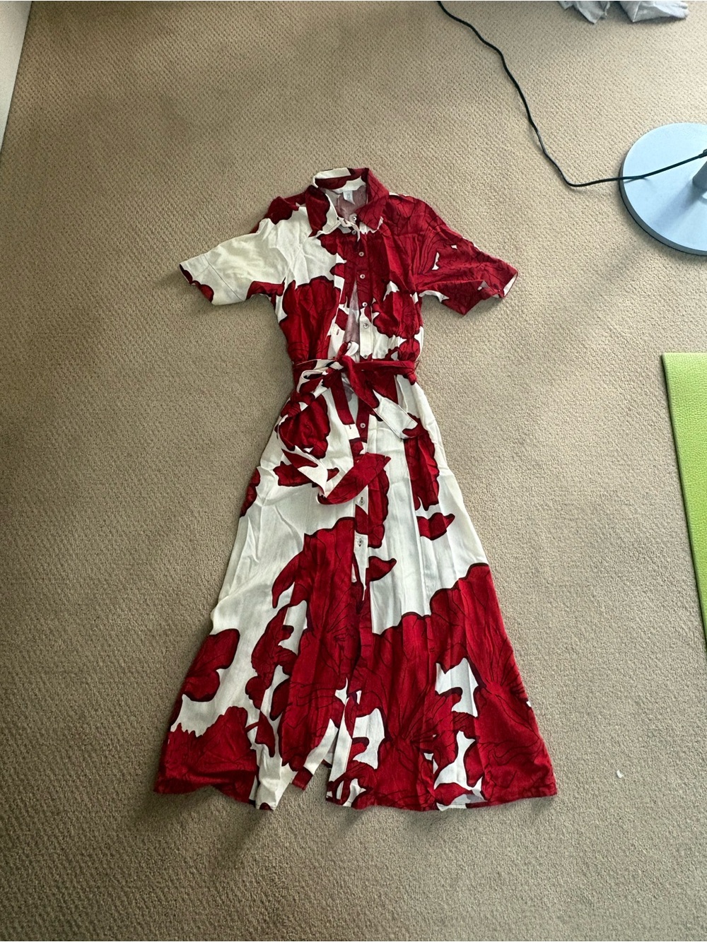 H&M Red and White Floral Maxi Shirt Dress with Tie Waist